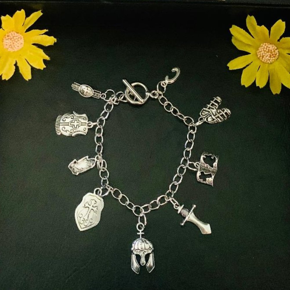 Full Armor of God Charm Bracelet/Silver With Monogram Initial From A-Z